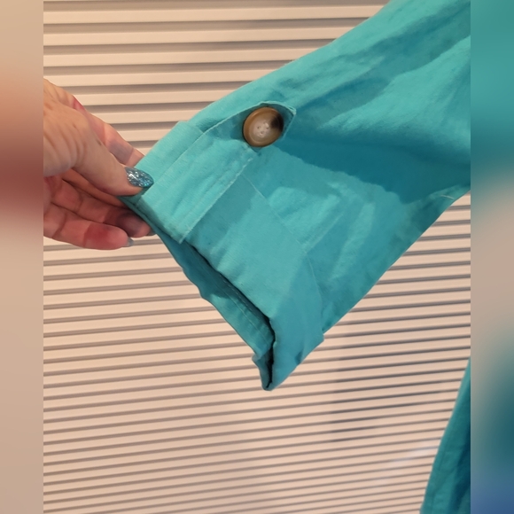 Super Cute Linen Teal Button-Up Hooded Jacket Size XL - Picture 14 of 15